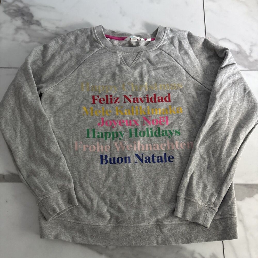Boden Festive Holiday Women S Gray Graphic Sweatshirt Multilingual Joyeux Noel